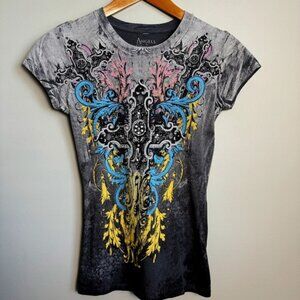 Angels & Diamonds Women's Gray Graphic Embellished Cross T-shirt S